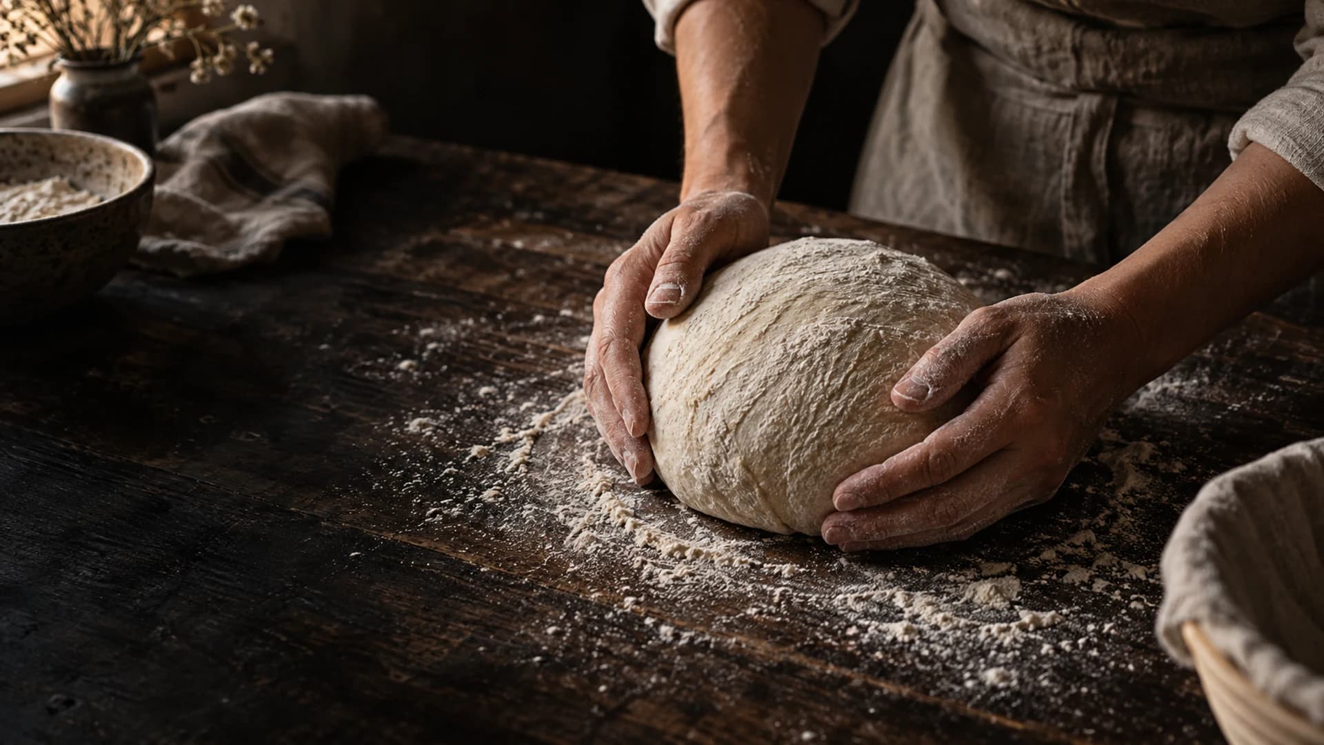 A baker shaping a round loaf of sourdough by hand