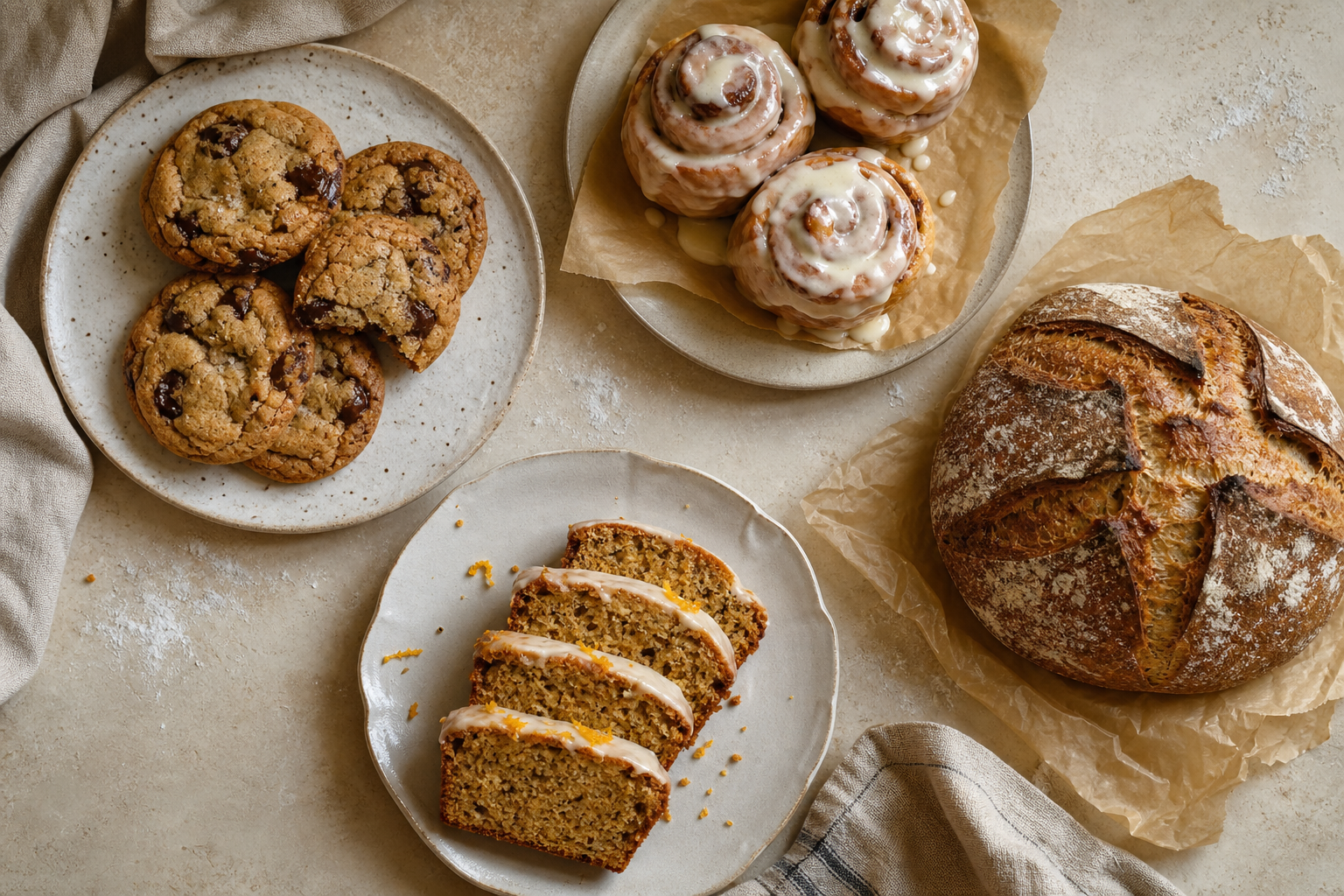 An assortment of cookies, cinnamon rolls, sourdough, and orange loaf cake