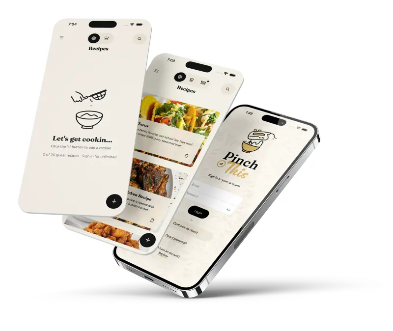 Pinch of This on three phones: the recipe list, an open recipe card, and the scan-a-recipe dialog